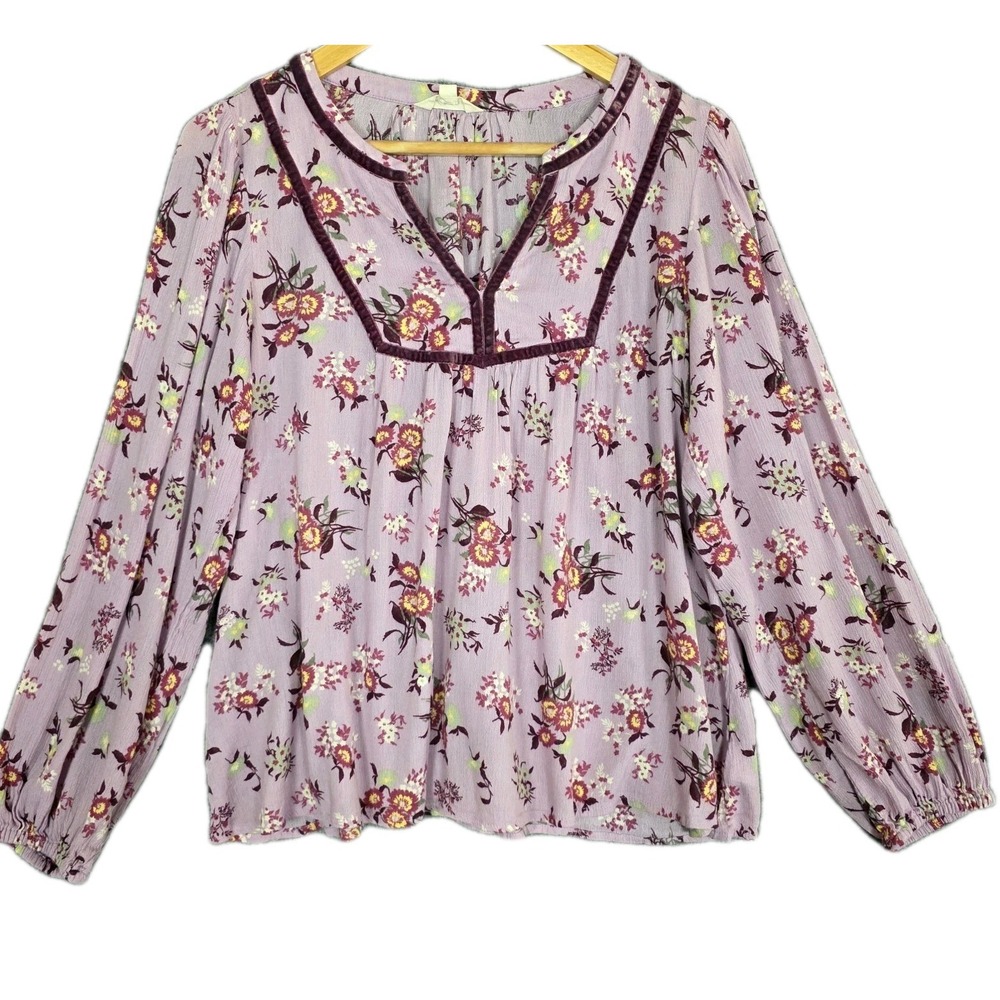 Lucky Brand S Boho Peasant Prairie Velvet Cottage Flowy Long Sleeve‎ Top Shirt
